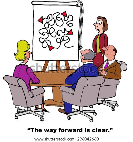 Business cartoon of meeting and chart with many lines, businesswoman refers to chart and says, \'the way forward is clear\'.