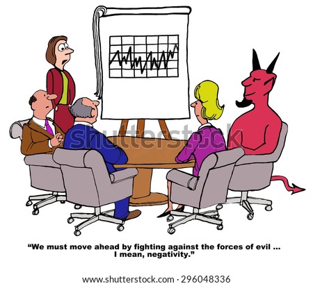 Business cartoon of meeting, chart showing inconsistent sales results and devil, leader says, 'we must move ahead by fighting against the forces of evil... I mean, negativity.
