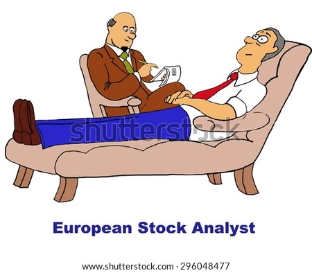 Business cartoon of therapist and patient on couch, \'European Stock Analyst\'.