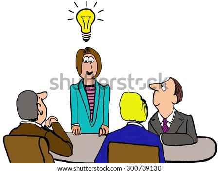 Business cartoon showing a business meeting and businesswoman standing with lightbulb, implying innovative thought, above her head.