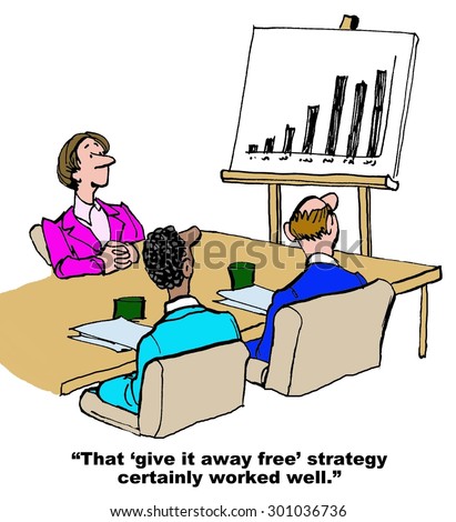 Business cartoon of a meeting, a chart showing increasing sales and a manager saying, \'that \