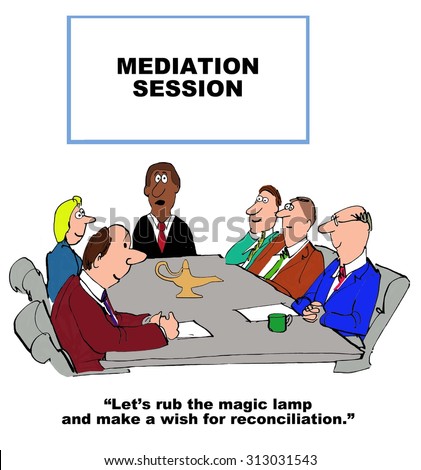 Mediation cartoon showing people at a meeting table and a magic bottle or lamp in the middle of the table.  \