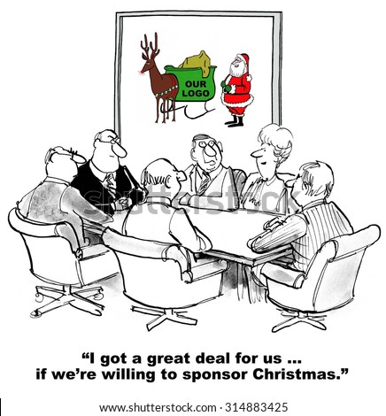 Christmas and business cartoon showing businesspeople in meeting and Santa Claus nearby, \