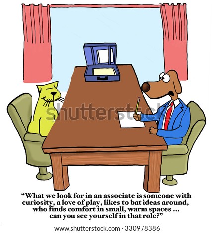 Business cartoon showing business dog interviewing cat, \'What we look for... curiosity,... play,...  Can you see yourself in that role?\'.