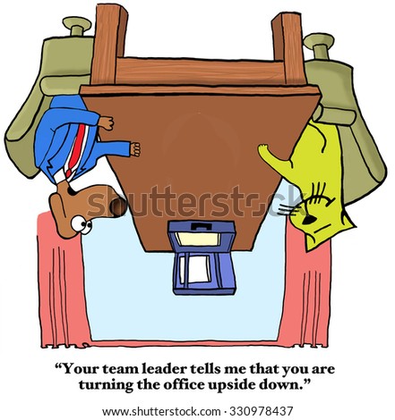 Business cartoon of HR manager dog saying to business cat, \'Your team leader tells me that you are turning the office upside down\'.