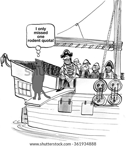 Business cartoon about sales.  The rodent missed the quota by one so the pirate makes him walk the plank.