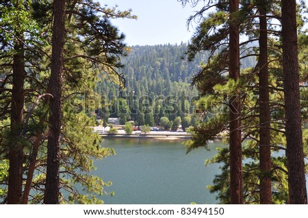 Tall pine trees frame this view of Lake Gregory in the Southern California mountains.
