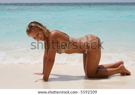 Sexy Poses on Woman In Sexy Pose On White Sand Beach  Maldives  Stock Photo 5592109