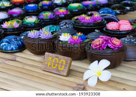 Soap carving flower and price tag in thai currency