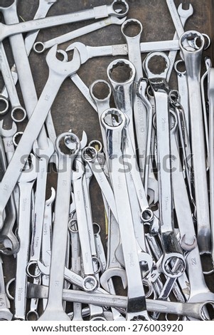 Pile of stainless steel wrench jaw spanner tools