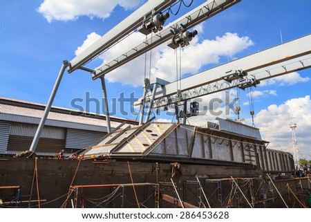 Military gun boat under construction, supper structure assembly step