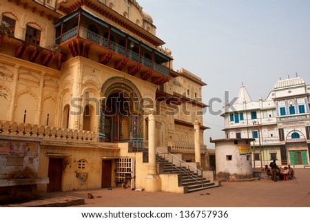 AYODHYA, INDIA - JAN 27: Group of indian policemen guard the Golden Temple (Kanak Bhavan temple) on January 27, 2013 in Ayodhya, India. Ayodhya, with a population of 49,593, is birthplace of Lord Rama