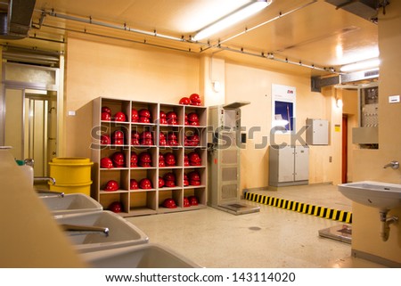 ZWENTENDORF, AUSTRIA - MAY 31: Helmets of the workers in the building of Zwentendorf Nuclear Power Plant on May 31, 2013 in Austria. The atomic power plant was built in 1976 with a hot water reactor