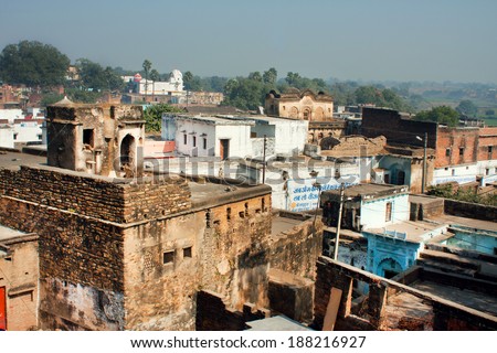 CHITRAKOOT, INDIA - DEC 28: High point view of the indian city with old brick buildings on December 28, 2012 in Madhya Pradesh. Population of Chitrakoot is 22,294. By the legend, Lord Rama lived here