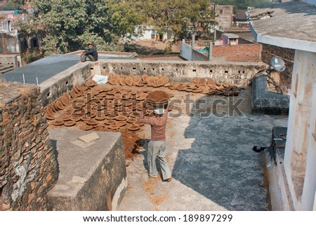 CHITRAKOOT, INDIA - DEC 28: Worker bring manure on the roof of old house for dry it up in a combustible material on December 28, 2012 in Madhya Pradesh. Population of Chitrakoot is 22,294 people