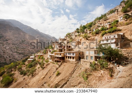 Village landscape with old houses in mountain village Hawraman of Kurdistan, Iran.