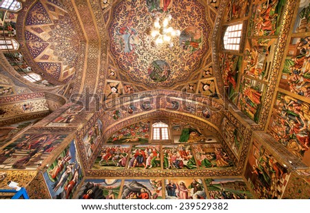 ISFAHAN, IRAN - OCT 15: Holy Bible symbols and saints life\'s pictures inside the old armenian Vank Cathedral on October 15, 2014. Vank Cathedral or The Church of the Saintly Sisters was built in 1664