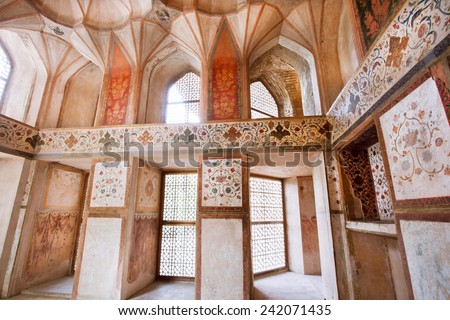 ISFAHAN, IRAN - OCT 16: Abandoned room of Persian palace Hasht Behesht with historical fresco on the walls on October 16, 2014. Safavid era 