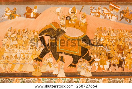 JODHPUR, INDIA - JAN 28: Maharaja riding on an elephant and his army on historical mural of Mehrangarh Fort on January 28, 2015. The foundation of the fort was laid on 1459 by indian ruler Rao Jodha
