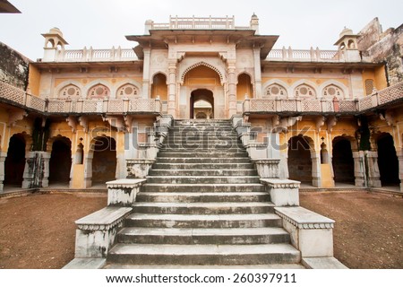 Cenotaphs of Gaitore symbolise the perfect blending of Islamic architecture and Hindu temple architecture. Royal cremation ground and monuments with typical Rajasthani Carvings, Jaipur, India