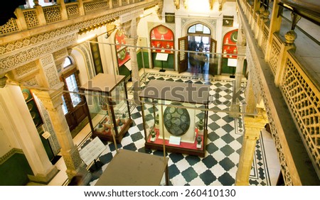 JAIPUR, INDIA - JAN 22: People view the exhibits inside the Albert Hall Museum on January 22, 2015. Also known as the Government Central Museum, this is the oldest museums of Jaipur (built in 1876)