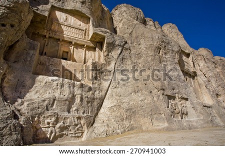 Tomb of Persian ruler Darius the Great, located next to other Achaemenian kings at Naqsh-e Rustam, Persian rulers. Historical monuments of Naqsh-e Rustam, ancient necropolis near Persepolis, Iran.