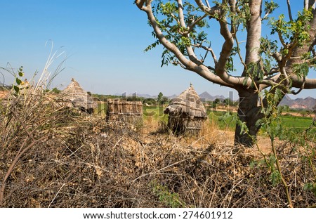 Straw hut in a poor village in the midst of nature, Rajasthan, India.