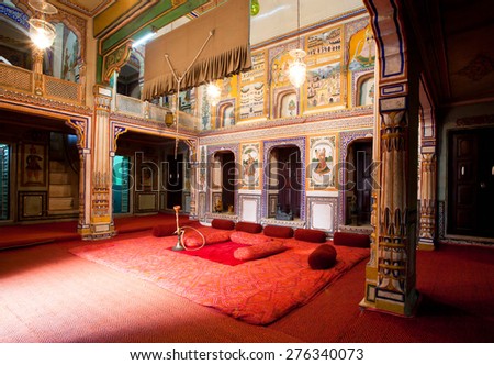 NAWALGARH, INDIA - FEB 6: Interior of Haveli mansion room belongs to rich indian family of Rajasthan on February 6, 2015. With population of 100,000, Nawalgarh is education center of Shekhawati region