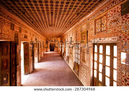 BIKANER, INDIA - MAR 4: Hall with frescoes on walls inside 16th century Junagarh Fort on March 4, 2015. The 5.28 hectares large Junagarh fort precinct is studded with palaces, temples and pavilions