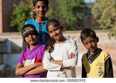 JODHPUR, INDIA - JAN 28: Unidentified smiley kids look like the best friends forever on January 28, 2015 in Rajasthan. Rajasthan has a literacy rate of 67.06% and population of 70,000,000