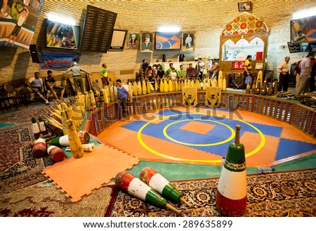 YAZD, IRAN - OCT 20: Sport instruments inside the gym room for Zurhane, a type of martial arts in Persia on October 20 2014. With population of 270.600 families, Yazd is centre of Persian architecture