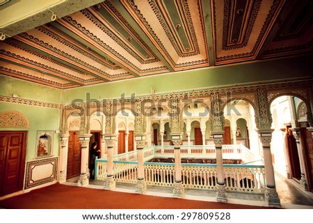 NAWALGARH, INDIA - FEB 6: Interior of Haveli mansion house belongs to rich indian family of Rajasthan on February 6 2015. With population of 100,000, Nawalgarh is education center of Shekhawati region