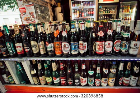 BERLIN, GERMANY - SEP 4: Large selection of beer bottles on counter of street shop on September 4, 2015. Germany ranked third in terms of per-capita beer consumption, behind Czech Republic & Austria