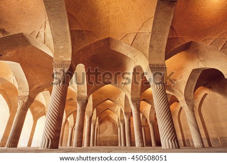 Persian mosque Vakil with carved columns in huge historical hall, built at 1773 in Shiraz, Iran