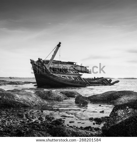 Sunken Ship Wreck in Gulf of Thailand, Vintage black and white