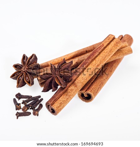 Cinnamon sticks and cinnamon powder on white background