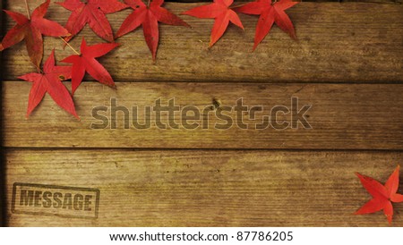 Fall red maple leaves over wooden to be as frame background.