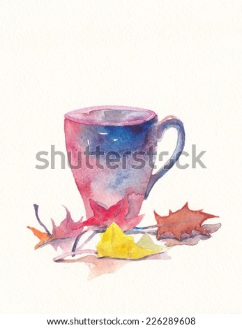 Tea cup and autumn leaves isolated