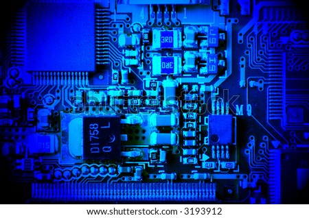 Circuit Board Bathed in Blue Light