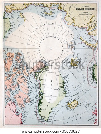 Vintage circumpolar map of the North Pole area, dated 1880