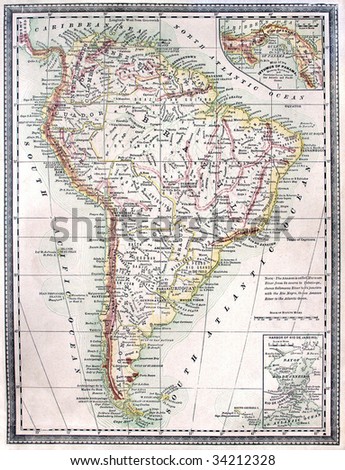Original antique map of South America, line colored, dated 1889.