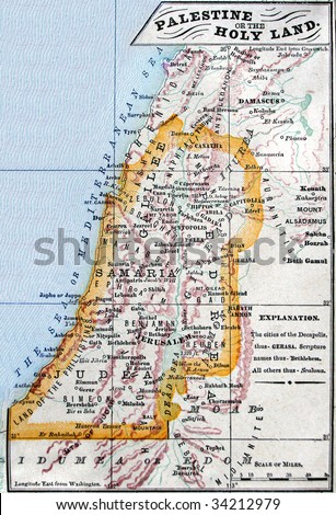 Original antique map of Israel, line-colored, dated 1889.