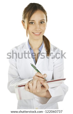 Woman doctor writing a medical history. Medical people. Young doctor woman
