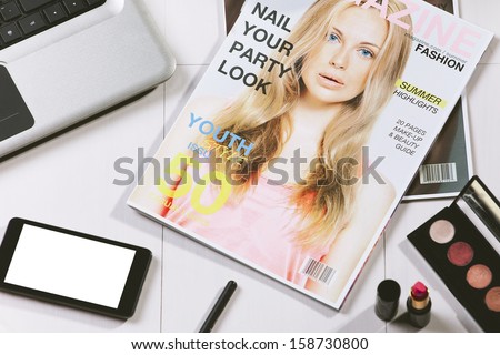 Still life of a fashion creative space./ Overhead of a essentials objects in a fashion blogger