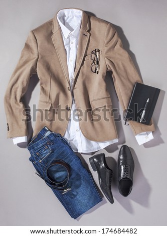 Overhead Of Essentials Modern Man. Outfit Of Business Man.