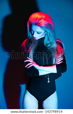 Fashion colorful shot of woman in leather jacket