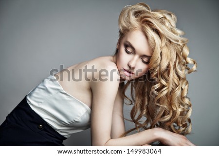 Well-Being &Amp; Spa. Sensual Woman Model With Shiny Curly Long Blond Hair. Health, Beauty, Wellness, Haircare, Cosmetics And Make-Up