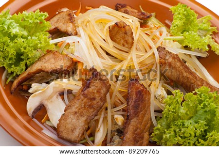 Fried Noodles with Beef and Vegetables. Garnished with Salad Leaf