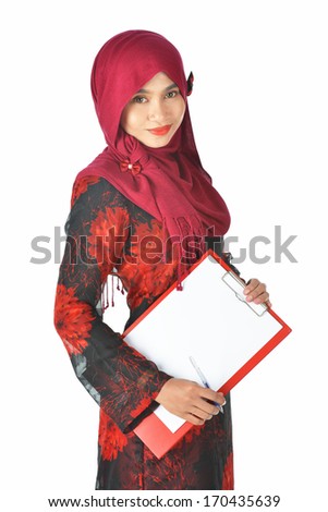 Business woman in red scarf head hold blank card