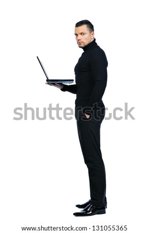 Young business man with notebook on white background